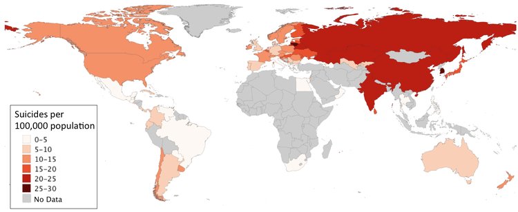 Business Insider Map - Number of suicides per 100,000 population for each country.